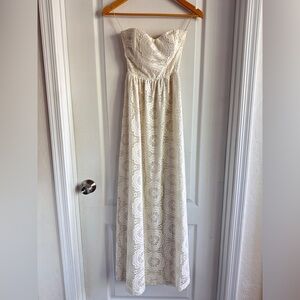 Lulu’s Strapless Cream Lace Maxi Dress